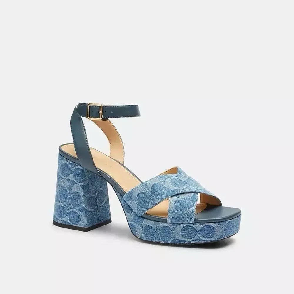 NEW COACH Women Block Heel Sandal In Signature Denim Indigo CDF88 us 7.5